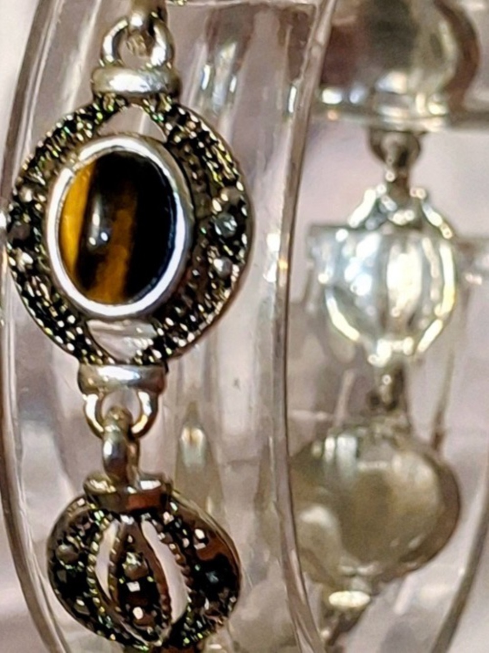 Silver Marcasite and Tigers Eye Gemstone Bracelet 7"